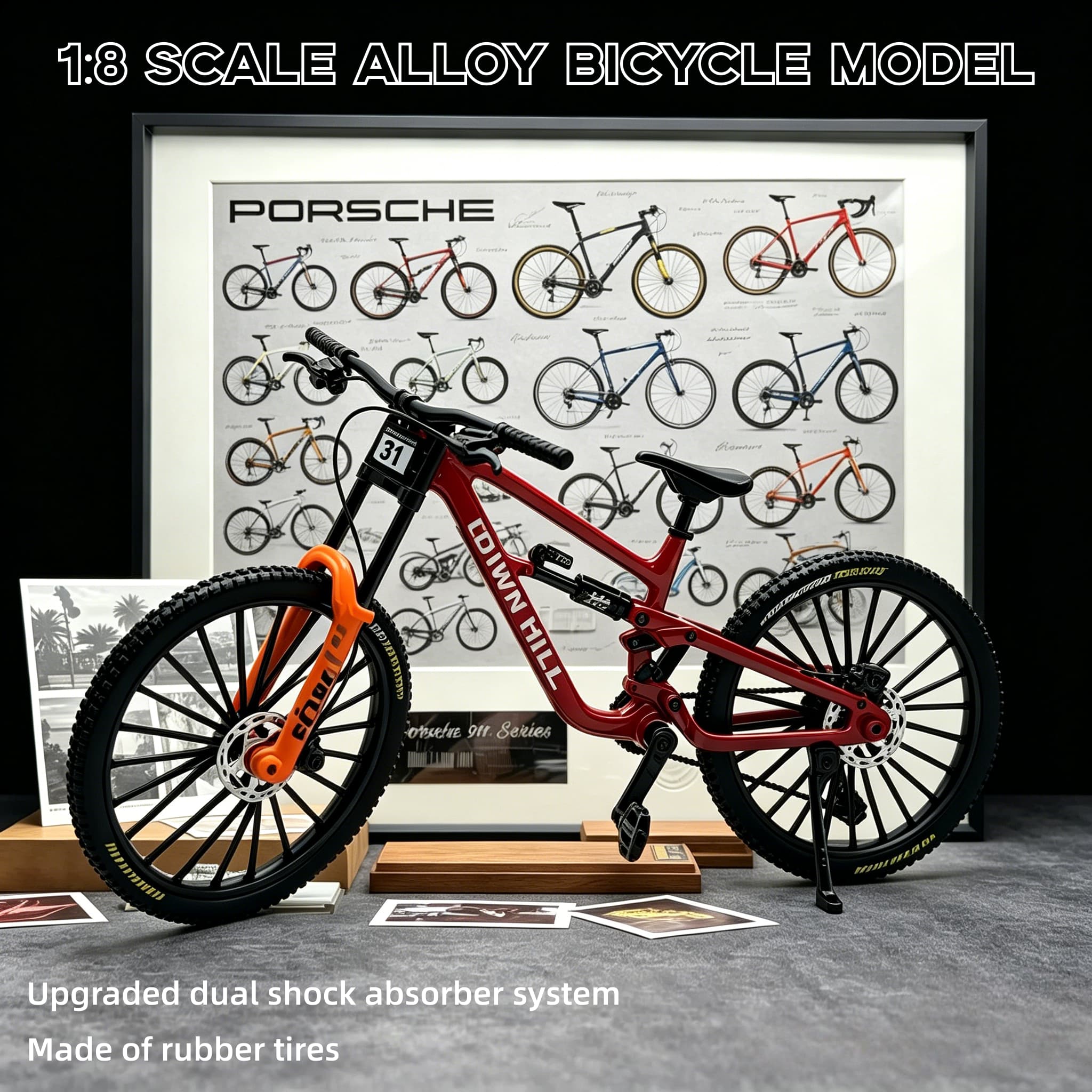 Mountain Biking Track - 1:8スケール合金製ダウンヒルマウンテンバイクモデル、可動ホイール付きリアルなフルサスペンション自転車レプリカ、ミニダイキャストバイク
